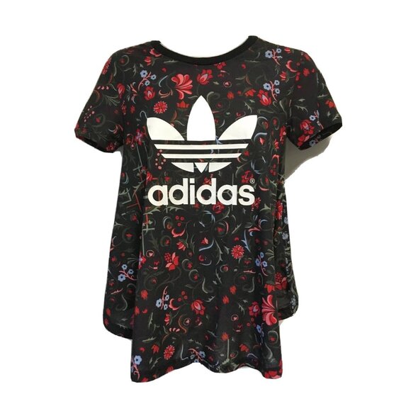 Adidas 3 Stripes Brand Tshirt Floral Size XS Dual Print Short Sleeve Flare HI-lo - Picture 1 of 6